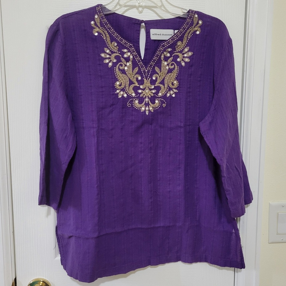Alfred Dunner Purple Embroidered Sequin Cotton Blouse Top  3/4 Sleeve Womens 14